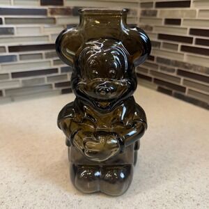 Vintage Mickey Mouse Smoked Amber Brown Glass Coin Bank Disney Collectible 7"